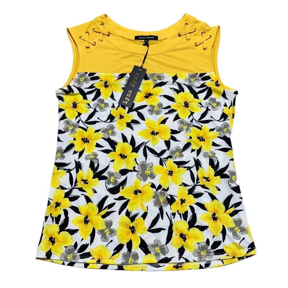 Lynn Ryan Size S Yellow‎ Floral Sleeveless Lace Up Shoulder Knit Top NEW NWT